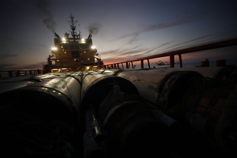 Outer casings of oil drill pipes lie on the deck of the service vessel Joe Griffin as it prepares to head to Port Fouchon from the site of the Deepwater Horizon oil spill in the Gulf of Mexico.
